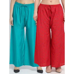 GRACIT Women Set of 2 Turquoise Blue & Red Wide Leg Knitted Palazzos-picture-29