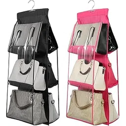 granth bag manufacturing india GBMI 2 Pcs Combo Oxbow 6 Pocket Bag Organiser for Wardrobe Purse Clutch Handbag Storage Organizer Bags Holder with Hanger, Ladies, Women, 90 X 35 X 35 Cm (Black + Pink)-picture-13