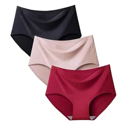 granth enterprise Women's/Girl's Ice Silk Seamless Mid Rise No Show Laser Cut Invisible Pants Smooth Stretch Women Hipster Pants for Women Daily Use (Pack of 3, Multicolor) image 1