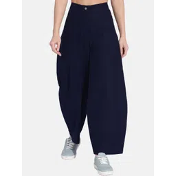GRASS by Gitika Goyal Women Navy Blue Cocoon Parallel Trousers-picture-31
