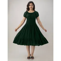 GREAT SELLER Women Round Neck Puff Sleeve Smocked Fit & Flare Dress-picture-38