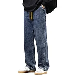 greciilooks Men's Relaxed Fit Straight Leg Denim Jeans | Casual High-Waist Baggy Pant with Drawstring | Comfortable All-Day Wear-picture-15