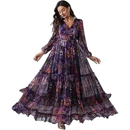 greciilooks Women’s Georgette Floral Maxi Dress with V-Neck & Long Sleeves | Lightweight Tiered Flowy Gown for Party, Festive, Wedding Guest-picture-15