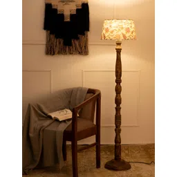 green girgit Brown & White Floral Printed Frustum Shaped Wooden Taper Floor Lamp-picture-27
