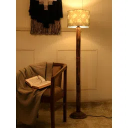green girgit Brown & White Floral Printed Wooden Frustum Shaped Drum Floor Lamp-picture-24
