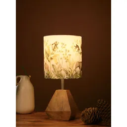 green girgit Brown & White Printed Cylindrical Shaped Wooden Table Lamp With Bulb-picture-36