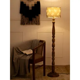 green girgit Brown & White Printed Wooden Cylinder Shaped Floor Lamp-picture-26