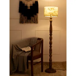 green girgit Brown & White Printed Wooden Cylinder Shaped Floor Lamp image 1