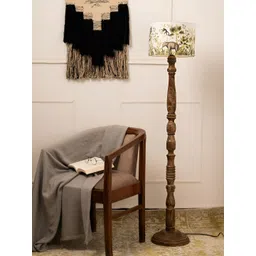 green girgit Brown & White Printed Wooden Cylinder Shaped Floor Lamp image 5
