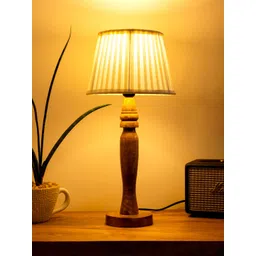 green girgit Brown & White Textured Wooden Round Table Lamp With Taper Soft Shade-picture-14