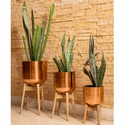 Green Girgit Copper Pots with Wooden Stands -  Set of Three-image-45