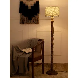 green girgit White & Brown Ethnic Motifs Printed Cylinder Wooden Floor Lamp-picture-22