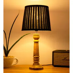 green girgit Wooden Pillar Brown Lamp with Pleeted Solid Black Shade-picture-13