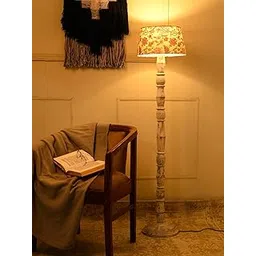 Green Girgit Wooden Distress White Floor Lamp with Taper Red Daisy Multicolor Lamp Shade | Light Decoration for Home | Living Room & Bedroom Bedside Floor Lamp-picture-12
