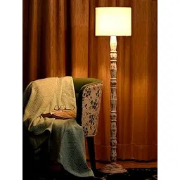 Green Girgit Wooden Floor Lamp in Distress White Color with Jute White Cylindrical Lamp Shade | Light Decoration for Home | Living Room & Bedroom Bedside Floor Lamp | Wooden Floor Lamp-picture-14