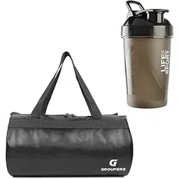groupers Combo Set of Duffle PU Leather Bag with Shaker Bottle-400mllSports & Travel BaglSports Kitl(Black)-picture-39
