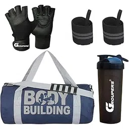 groupers Duffle Canvas Bag with Shaker Bottle-700ml & GloveslSports & Travel BaglSports Kitl (Blue)-picture-26
