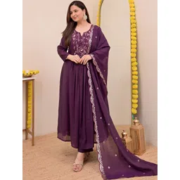 Growdamy Women Ethnic Motifs Embroidered Panelled Sequinned Chanderi Silk Kurta with Trousers & With Dupatta-picture-35