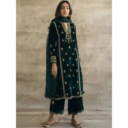 Growdamy Women Ethnic Motifs Embroidered Regular Velvet Kurta with Palazzos & With Dupatta-picture-18