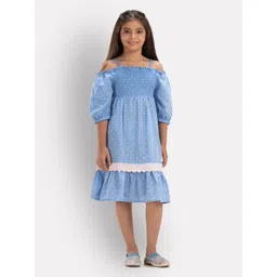 Growing Tree Girls Blue Off-Shoulder Jacquard Dress-picture-23