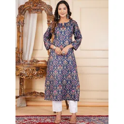 GUDWEARS Floral Printed Notch Neck Cotton Straight Kurta-picture-14