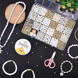 Guellix White Gold DIY Bracelet Kit Jewelry Making Set Beads Alphabet Pearl Golden Charms Elastic Thread Tools Storage Box for Girls Kids Women Art Craft Hobby Gift Set Golden White Article-picture-11