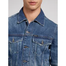 Guess Blue Solid Spread Collar Denim Jacket image 4