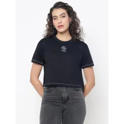 Guess Eléa Flamed Jet Black Solid Round Neck Boxy Fit T-Shirt-picture-16