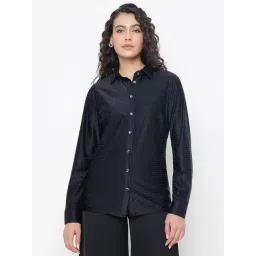 Guess Eliana Shiny Crystal Slinky Jet Black Embellished Spread Collar Regular Fit Shirt-picture-25