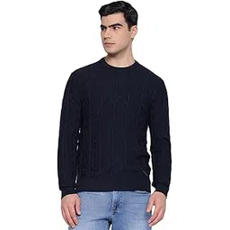 guess Heron Monogram Smart Blue Basketweave Knit Round Neck Regular Fit Pullover Sweater-picture-11