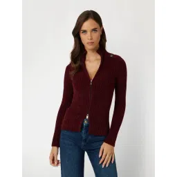 Guess Maroon Ribbed High Neck Long Sleeves Cardigan-picture-23