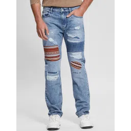 GUESS Men Slim Fit Highly Distressed Patchwork Heavy FadeLow-Rise Pure Cotton Jeans-picture-15