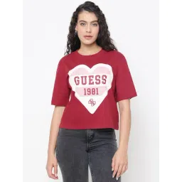 Guess Monica Mid Organic Stream Tahiti Red Heart-Shape Shield Round Neck Boxy Fit T-Shirt-picture-26