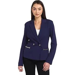 guess Women Blue Solid Notched Lapel Full Sleeves Double Breasted Blazer-picture-11