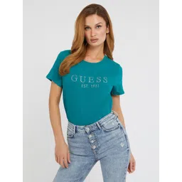 GUESS Women Typography Printed Pure Cotton Applique T-shirt-picture-34