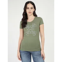 GUESS Women Typography Printed Round Neck Cotton Slim Fit T-shirt-picture-43