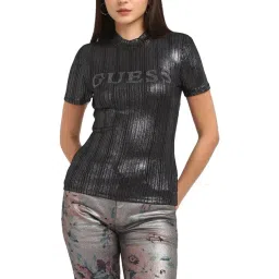 Guess Women's Black Polyester Striped Regular Fit T-Shirt-picture-12