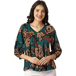 gufrina Women's 3/4 Sleeve V-Neck Top – Elegant Floral Print Blouse/Top with Pleated Front Design-picture-33