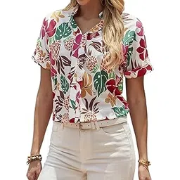 gufrina Women's Floral Print V-Neck Casual Top – Lightweight Short Sleeve Top for Everyday Wear-picture-28