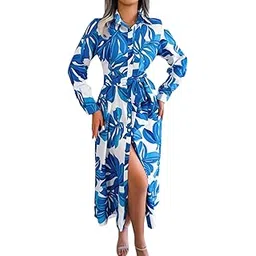 gufrina Women's Full Sleeve Collar Neck Western Dress - Floral Print Maxi Dress with Slit and Tie-Up Belt-picture-48