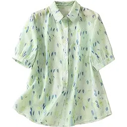 gufrina Women's Sea Green Leaf Printed Western Shirt with Button Down Front, Puff Sleeves and Relaxed Fit Design-picture-10