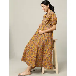 Gujari Floral Print Puff Sleeve Maternity Fit & Flare Midi Dress-picture-34