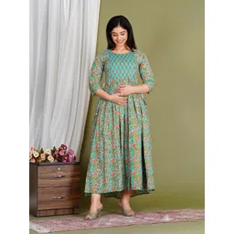 Gujari Floral Printed Gathered or Pleated Cotton Maternity Empire Midi Dress-picture-25