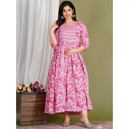 Gujari Quirky Printed Flared Sleeves Thread Work Floral Cotton Maternity Anarkali Kurta-picture-37