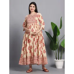 Gujari Women Floral Printed Gathered Maternity Cotton Fit & Flare Maxi Dress-picture-19