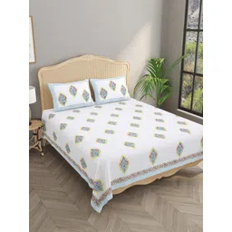 Gulaab Jaipur Blue & White Floral Cotton 600 TC King Bedsheet with 2 Pillow Covers-picture-36