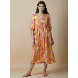 GULAB CHAND TRENDS Yellow Floral Ethnic Cotton  A-Line Midi Ethnic Dresses-picture-14