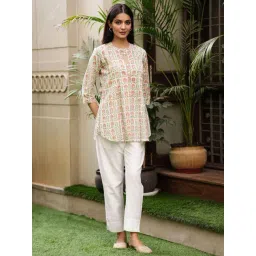 Gulabi Dori White Cream Short Cotton Handblock Kurti-picture-43