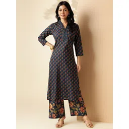GULMEHAK Floral Printed V-Neck Pure Cotton Straight Kurta & Palazzos-picture-17