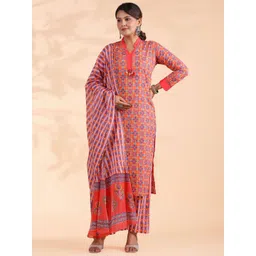GULMEHAK Printed Mandarin Collar Pure Cotton Straight Kurta With Palazzos & Dupatta-picture-28